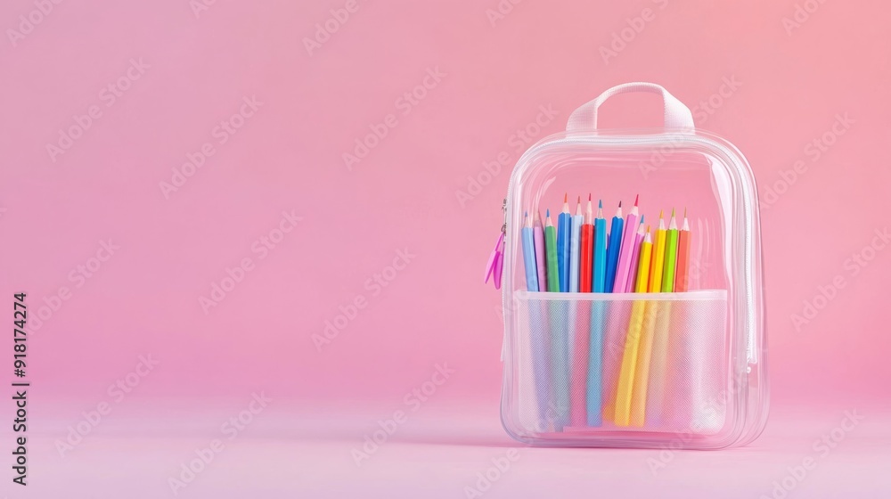 Closeup of a transparent backpack filled with colorful stationery, showcasing its clear design, isolated on a gradient background Closeup of a transparent backpack filled with colorful stationery, showcasing its clear design, isolated on a gradient background