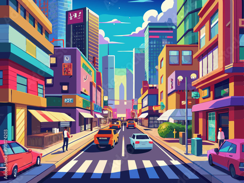 Busy Urban Street landscape anime style