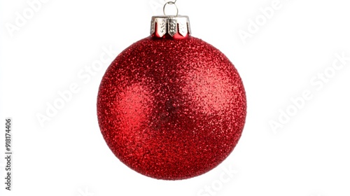 Closeup of a vintage Christmas ornament, a shiny red bauble with glittering details, hanging on a retro-style tree, isolated on a white background 