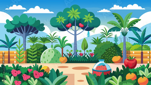 A garden with a separate sections of Herbs, trees in the background vector art illustration 