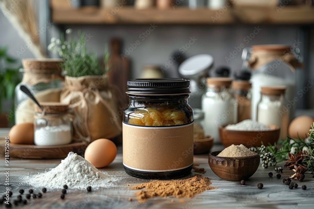 Jar with yeast, active sourdough, dry yeast, yeast block, bread sourdough, homemade sourdough, rye sourdough mockup of a jar of yeast placed next to an open recipe book on a kitchen counter. Jar with yeast, active sourdough, dry yeast, yeast block, bread sourdough, homemade sourdough, rye sourdough mockup of a jar of yeast placed next to an open recipe book on a kitchen counter.