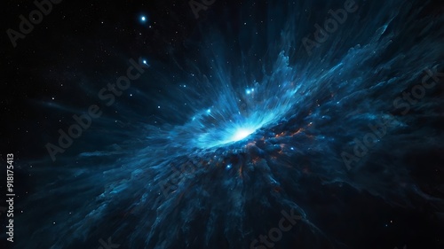 Massive supernova in endless space, blue solar lights in dark abstract background