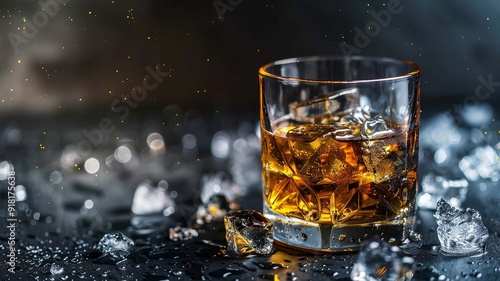 whiskey with ice on dark background, Generative AI,