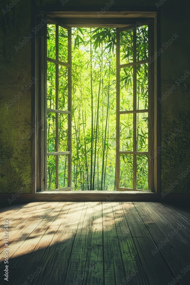 A window in a tranquil meditation room, with bamboo plants outside swaying gently in the breeze. A window in a tranquil meditation room, with bamboo plants outside swaying gently in the breeze.