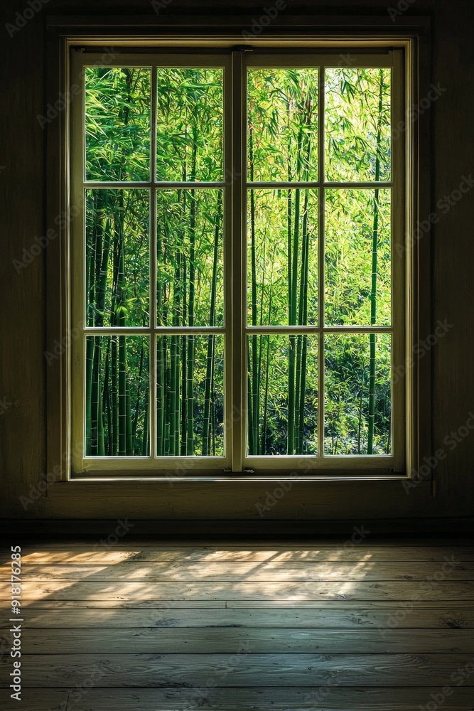 Fototapeta premium A window in a tranquil meditation room, with bamboo plants outside swaying gently in the breeze.
