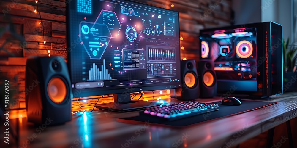 Obraz premium Technology Smart home with connected devices and digital icons Glowing house with symbolism 