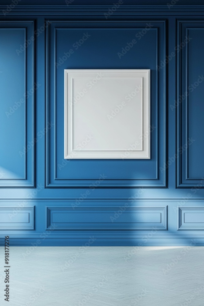 A blue color empty room with a white frame on the wall A blue color empty room with a white frame on the wall