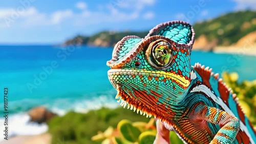 Colorful chameleon close-up against a beach and ocean backdrop.
