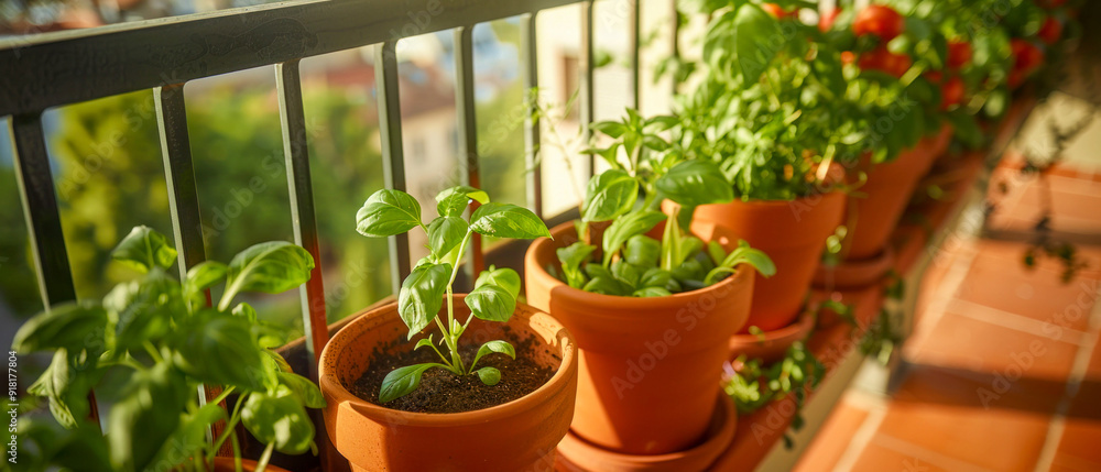 Urban Balcony Garden with Potted Vegetables and Herbs. Generative ai. Urban Balcony Garden with Potted Vegetables and Herbs. Generative ai.