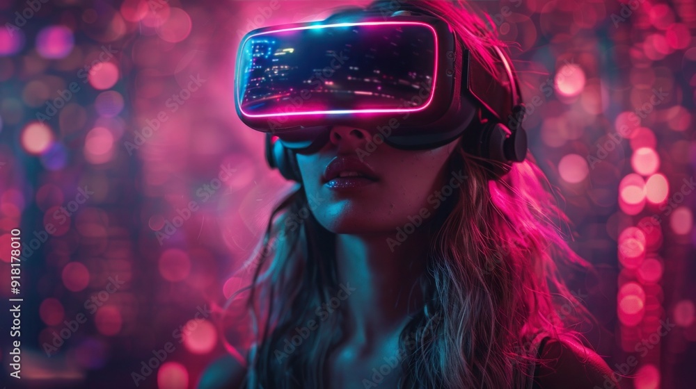 Exploring the Metaverse: Young Woman Amazed in VR Headset for Futuristic Gaming and Entertainment Exploring the Metaverse: Young Woman Amazed in VR Headset for Futuristic Gaming and Entertainment