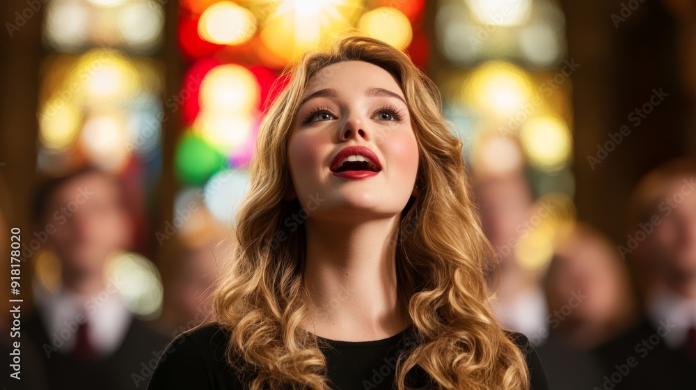 Female church soloist singing with the choir behind her, stained glass window illuminating the scene, intense and passionate, closeup shot Female church soloist singing with the choir behind her, stained glass window illuminating the scene, intense and passionate, closeup shot