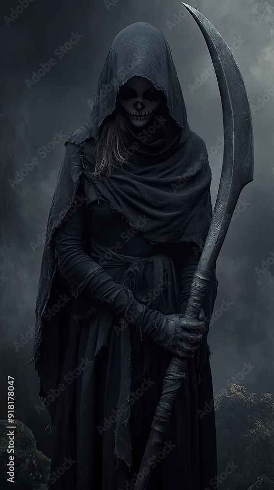 A young female Grim Reaper holding a large scythe, dressed in a dark, tattered hooded cloak - AI Generated Digital Art A young female Grim Reaper holding a large scythe, dressed in a dark, tattered hooded cloak - AI Generated Digital Art