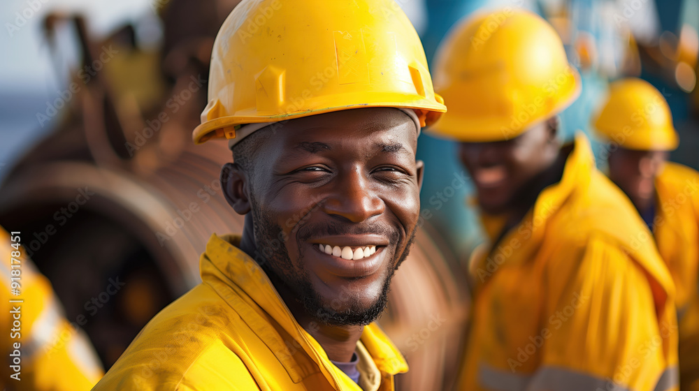 Smiling Team of Construction Workers Wearing Yellow Safety Helmets on Site Smiling Team of Construction Workers Wearing Yellow Safety Helmets on Site