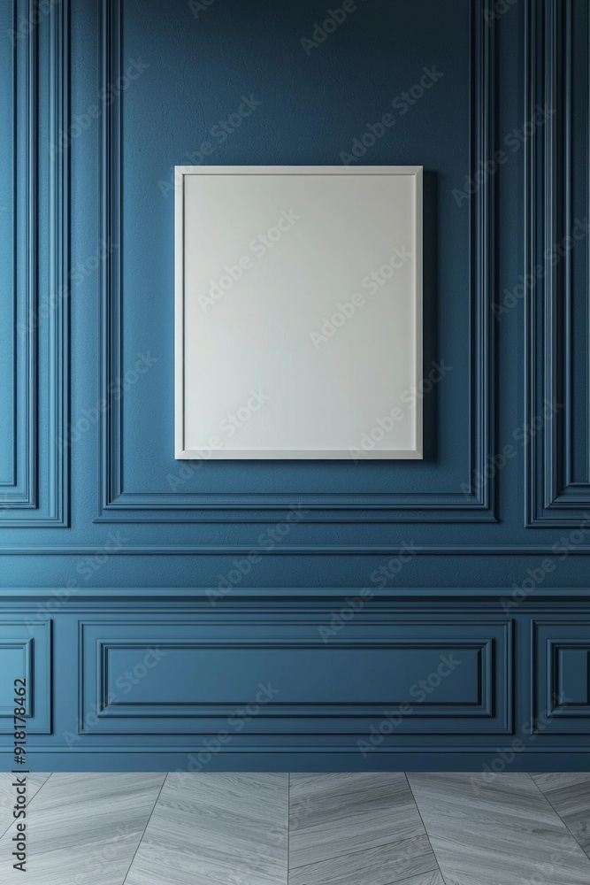 A blue color empty room with a white frame on the wall A blue color empty room with a white frame on the wall
