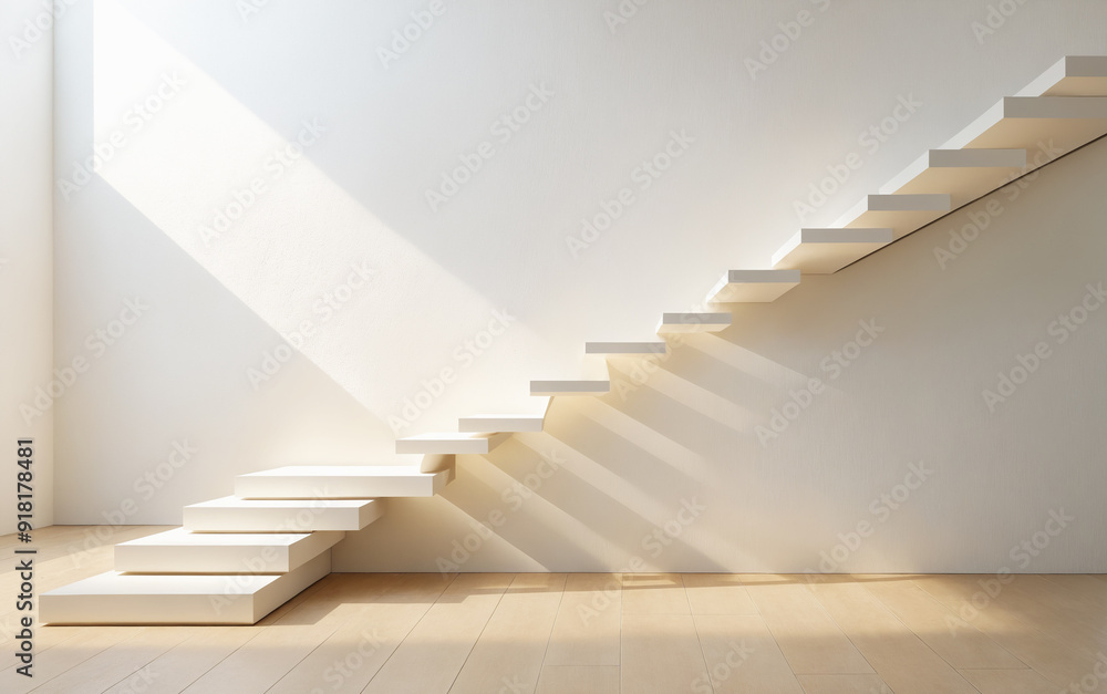 minimalistic White stairs on white plastered wall. White steps in stilish design interior minimalistic White stairs on white plastered wall. White steps in stilish design interior