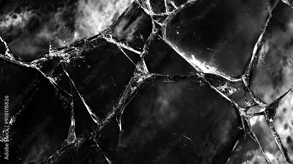 A detailed view of cracked glass in monochrome, highlighting the jagged edges and intricate patterns formed by the break. A detailed view of cracked glass in monochrome, highlighting the jagged edges and intricate patterns formed by the break.
