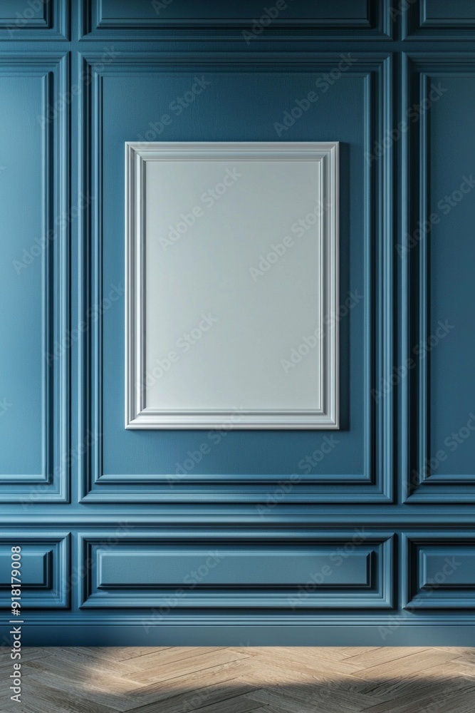 A blue color empty room with a white frame on the wall A blue color empty room with a white frame on the wall