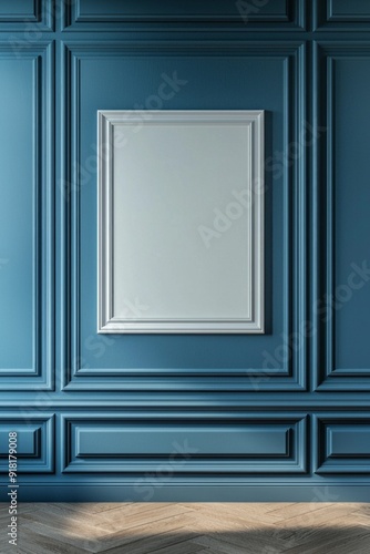 A blue color empty room with a white frame on the wall 