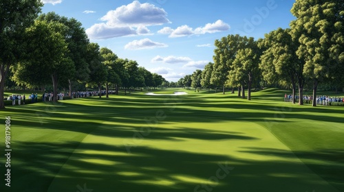 Golfers walking down the fairway, discussing strategy, spectators lined along the course, scenic background 