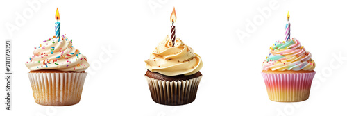 Set of birthday cupcakes isolated on transparent background 