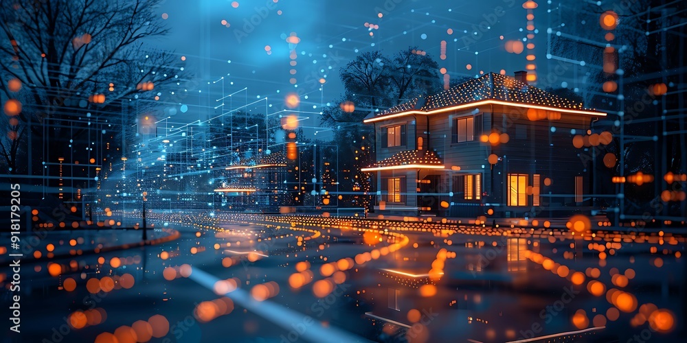 Fototapeta premium Technology Smart home with connected devices and digital icons Glowing house with symbolism 