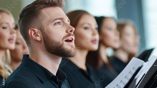 Group of church singers rehearsing with a piano in a bright room, sheet music and casual attire, focused expressions, medium shot 