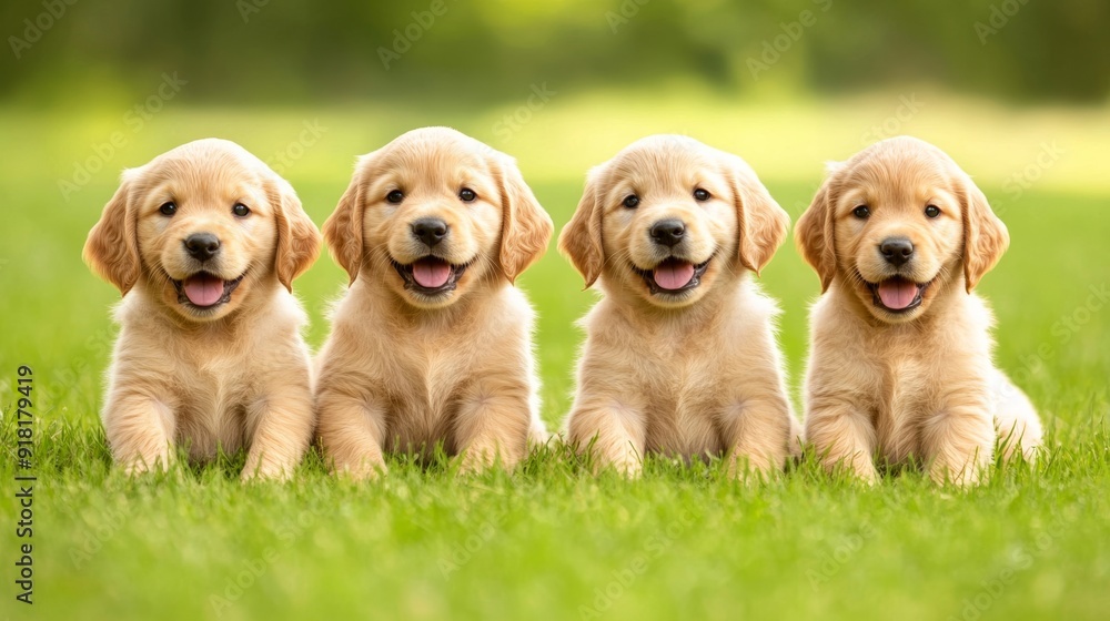 Group of golden retriever puppies in a row, sitting on a grassy lawn, looking at the camera with playful expressions, bright sunny day, green background Group of golden retriever puppies in a row, sitting on a grassy lawn, looking at the camera with playful expressions, bright sunny day, green background