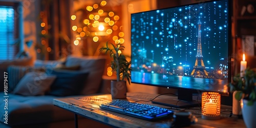 Technology Smart home with connected devices and digital icons Glowing house with symbolism	
