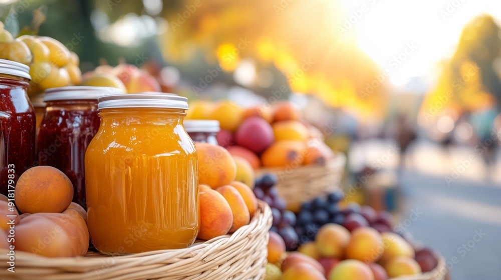 Harvest market with tables laden with homemade jams, honey, and baked goods, with a festive autumn atmosphere Harvest market with tables laden with homemade jams, honey, and baked goods, with a festive autumn atmosphere