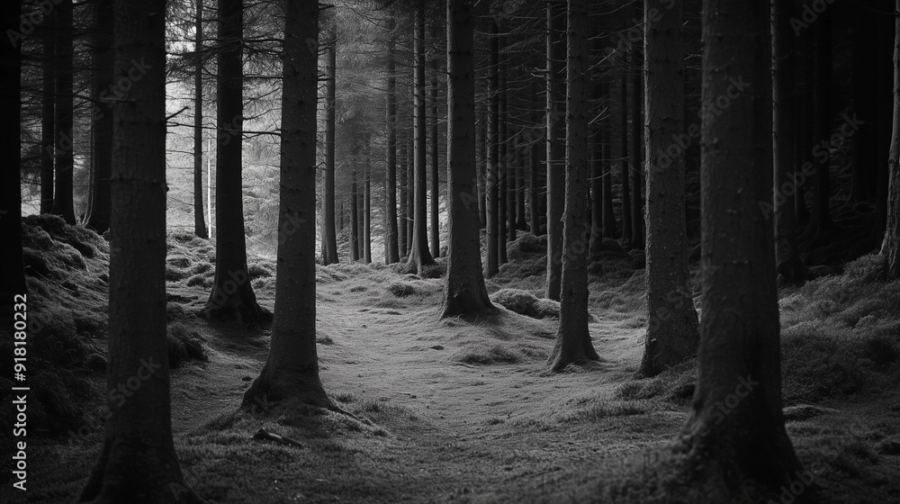 Naklejka premium black and white forest landscape, monochrome picture of forest background