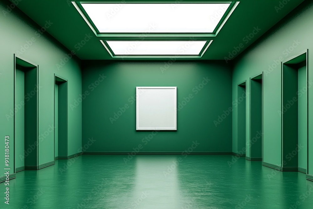 A green color empty room with a white frame on the wall A green color empty room with a white frame on the wall