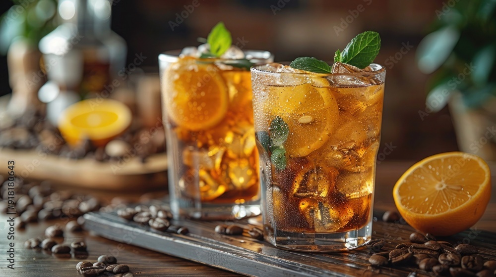 Refreshing Summer Beverages: Lemonade and Iced Coffee on a Vibrant Background Refreshing Summer Beverages: Lemonade and Iced Coffee on a Vibrant Background