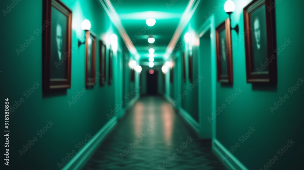 Fototapeta premium Inside a haunted house, dimly lit corridor with old portraits and flickering candles, eerie shadows on the walls 