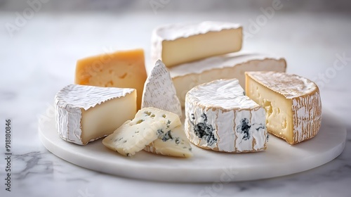 Artisanal cheese platter, white marble tabletop, variety of cheeses, brie, blue cheese, gouda, camembert, cheese wheel slices, soft and hard cheeses, rich textures, food styling.