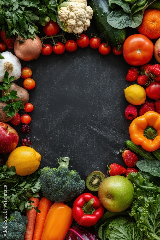 Fresh Organic Vegetables and Fruits Border on Black Chalkboard Background with Copy Space Fresh Organic Vegetables and Fruits Border on Black Chalkboard Background with Copy Space