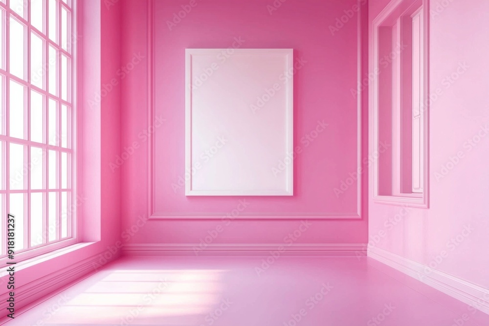 A pink color empty room with a white frame on the wall A pink color empty room with a white frame on the wall