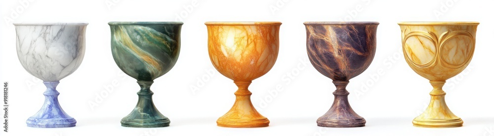 beautiful and elegant marble chalices of different colors, white background beautiful and elegant marble chalices of different colors, white background