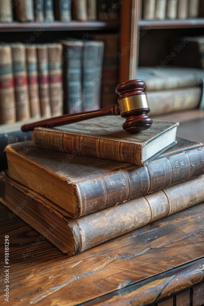 Antique Law Books and Gavel on Wooden Desk in Classic Library Setting Antique Law Books and Gavel on Wooden Desk in Classic Library Setting