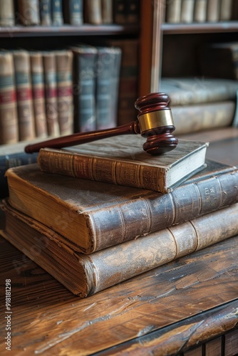 Antique Law Books and Gavel on Wooden Desk in Classic Library Setting