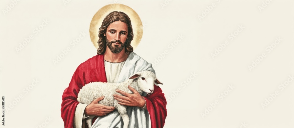 Jesus Christ holding a lamb, with a halo, in a serene countryside setting, depicted in watercolor style Jesus Christ holding a lamb, with a halo, in a serene countryside setting, depicted in watercolor style