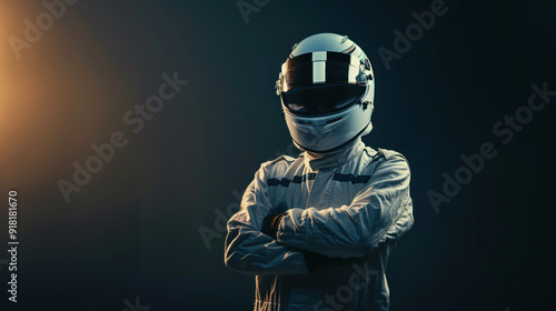 Medium Shot of Standing Race Car Driver in White Suit and Helmet with Arms Crossed photo