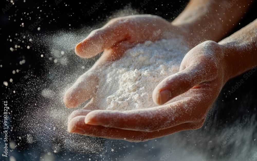 Fototapeta premium Close-up of hands holding flour in the air