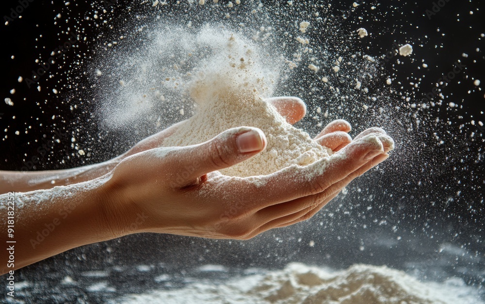Close-up of hands holding flour in the air, close up on hand with powder flying around Close-up of hands holding flour in the air, close up on hand with powder flying around