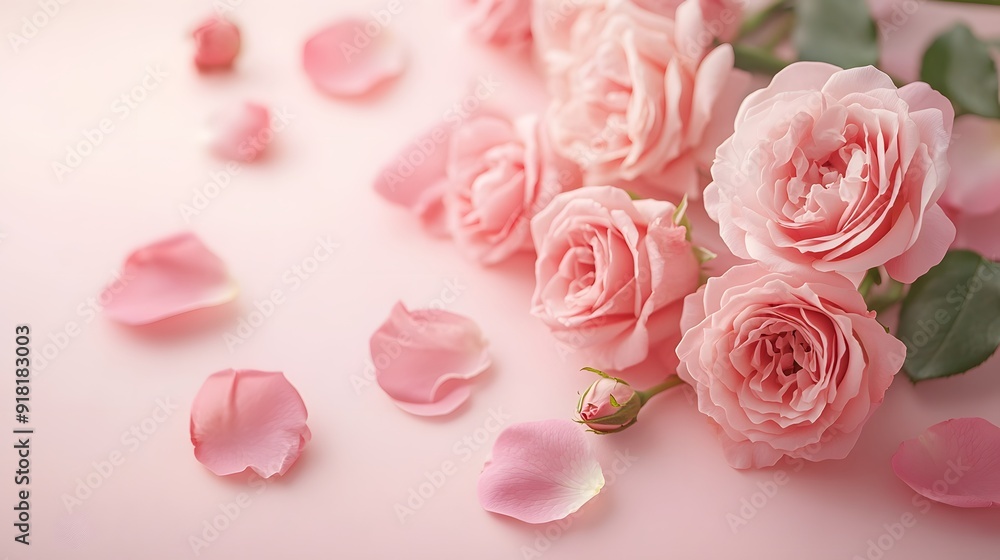 Fototapeta premium Delicate pink roses on soft pink background, floral arrangement, pastel colors, romantic composition, rose petals scattered, fresh blooms, gentle lighting, Valentine's Day theme.