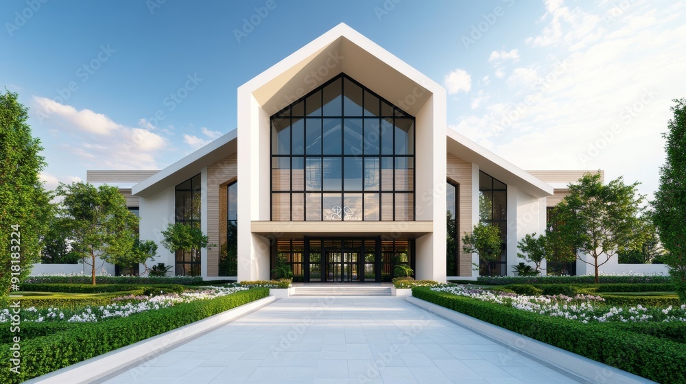 Modern church exterior with a distinctive, angular design, large entrance plaza, and lush green surroundings, contemporary and inviting Modern church exterior with a distinctive, angular design, large entrance plaza, and lush green surroundings, contemporary and inviting