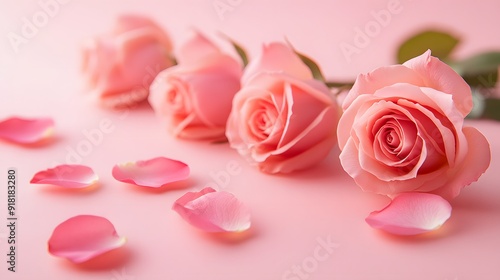 Delicate pink roses on soft pink background, floral arrangement, pastel colors, romantic composition, rose petals scattered, fresh blooms, gentle lighting, Valentine's Day theme.