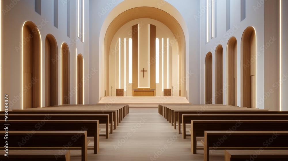 Obraz premium Modern church with a digital soundboard and streaming capabilities, sleek and minimalist architecture, natural and artificial light creating a warm ambiance