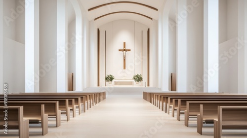 Modern church with a digital soundboard and streaming capabilities  sleek and minimalist architecture  natural and artificial light creating a warm ambiance 