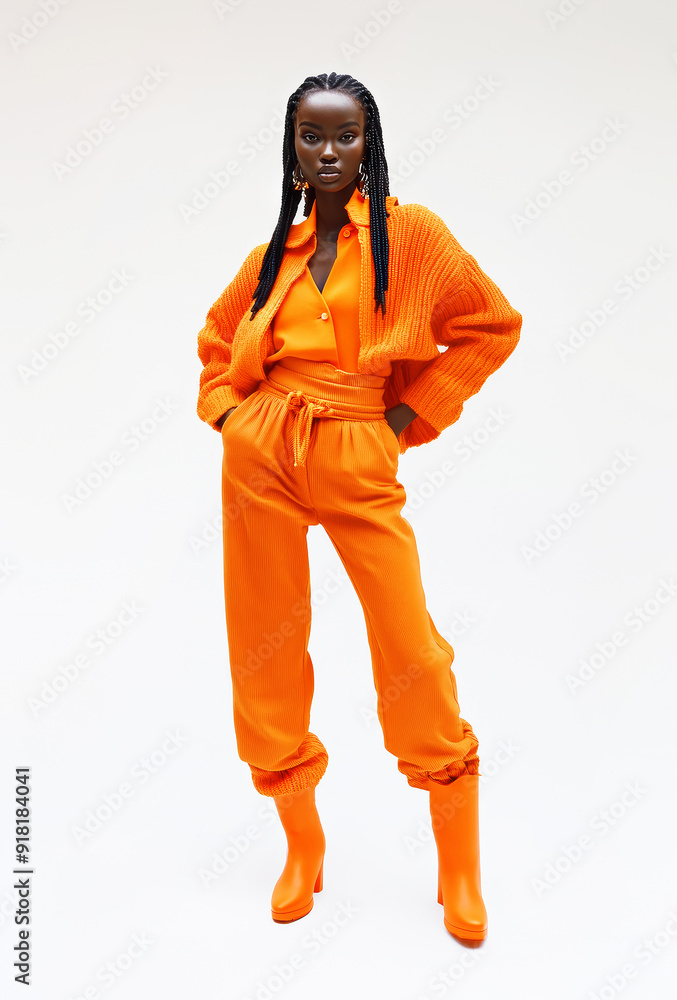 Stylish afro model in fashion look. Fall winter outfit. Trending color of the season orange. Stylish afro model in fashion look. Fall winter outfit. Trending color of the season orange.