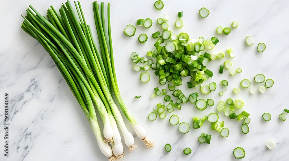 Fresh green onions on white marble countertop, whole and chopped scallions, vibrant green color, culinary ingredients, clean white background, high contrast, food photography. Fresh green onions on white marble countertop, whole and chopped scallions, vibrant green color, culinary ingredients, clean white background, high contrast, food photography.